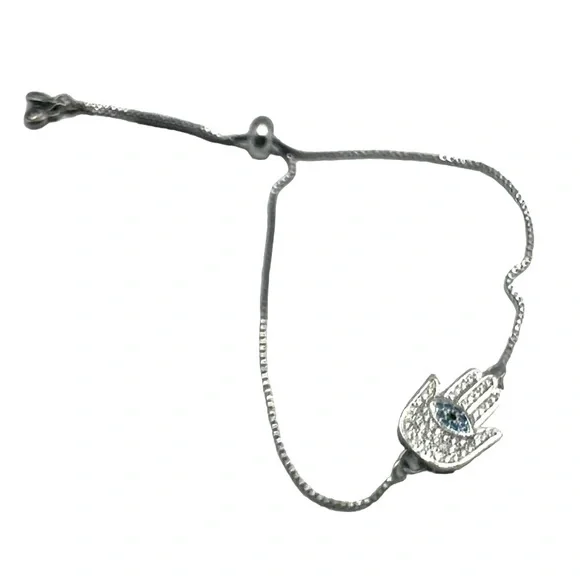 Silver Tone Hamsa Rhinestone Bracelet With Adjustable Chain.  A70 - Picture 5 of 6